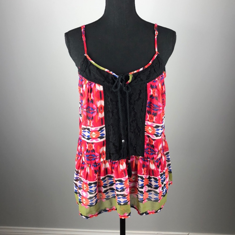 Black Rainn-Floral Print Tank- Tie Up Front- S- L